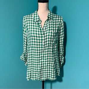 NWT Cosmic Blue Love M Green Checks Kylie Popover Roll Tab Sleeves Top